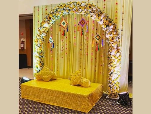 Haldi Decoration With Traditional Umbrellas And Flowers – Phule Weddings
