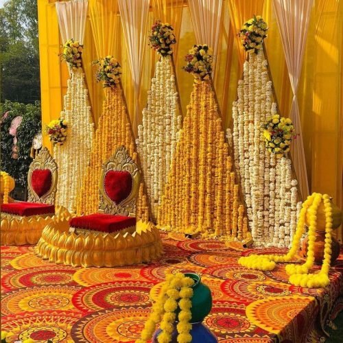 Haldi Function Decoration With Colorful Drapes And Props – Phule Weddings