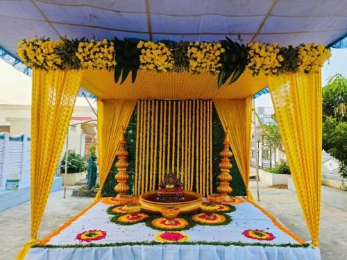 Outdoor Haldi Decoration With Canopy And Drapes – Phule Weddings