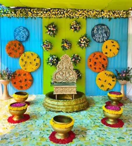 Mehndi Bride Seat Decoration With Floral Swing And Canopy | Phule Weddings